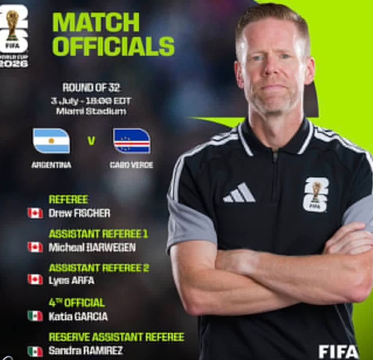 Drew Fischer, árbitro de Argentina vs. Cabo Verde.
