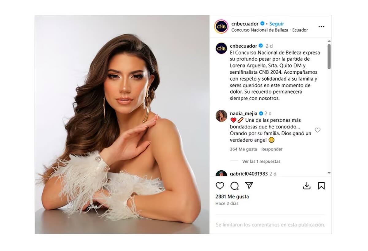 A los 28 años, murió María Lorena Argüello, candidata a Miss Universo Ecuador 2024. Foto IG @cbnecuador