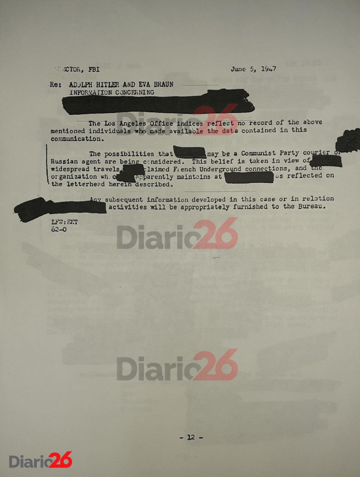 Adolf Hitler en Brasil, Hotel Atlántico, Cassino, documento desclasificado del FBI de 1947 - 12