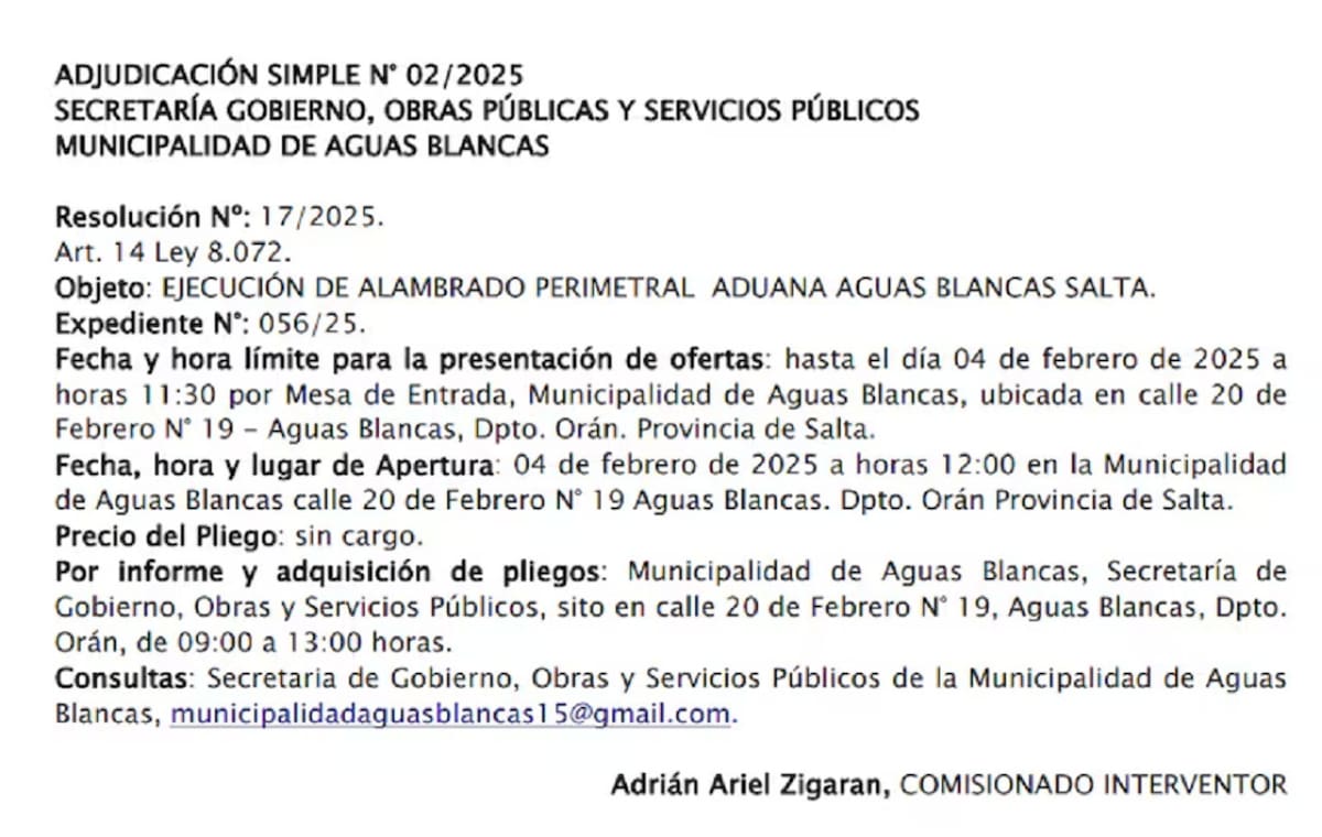 Aguas Blancas comunicó que se construirá un alambrado con Bolivia.