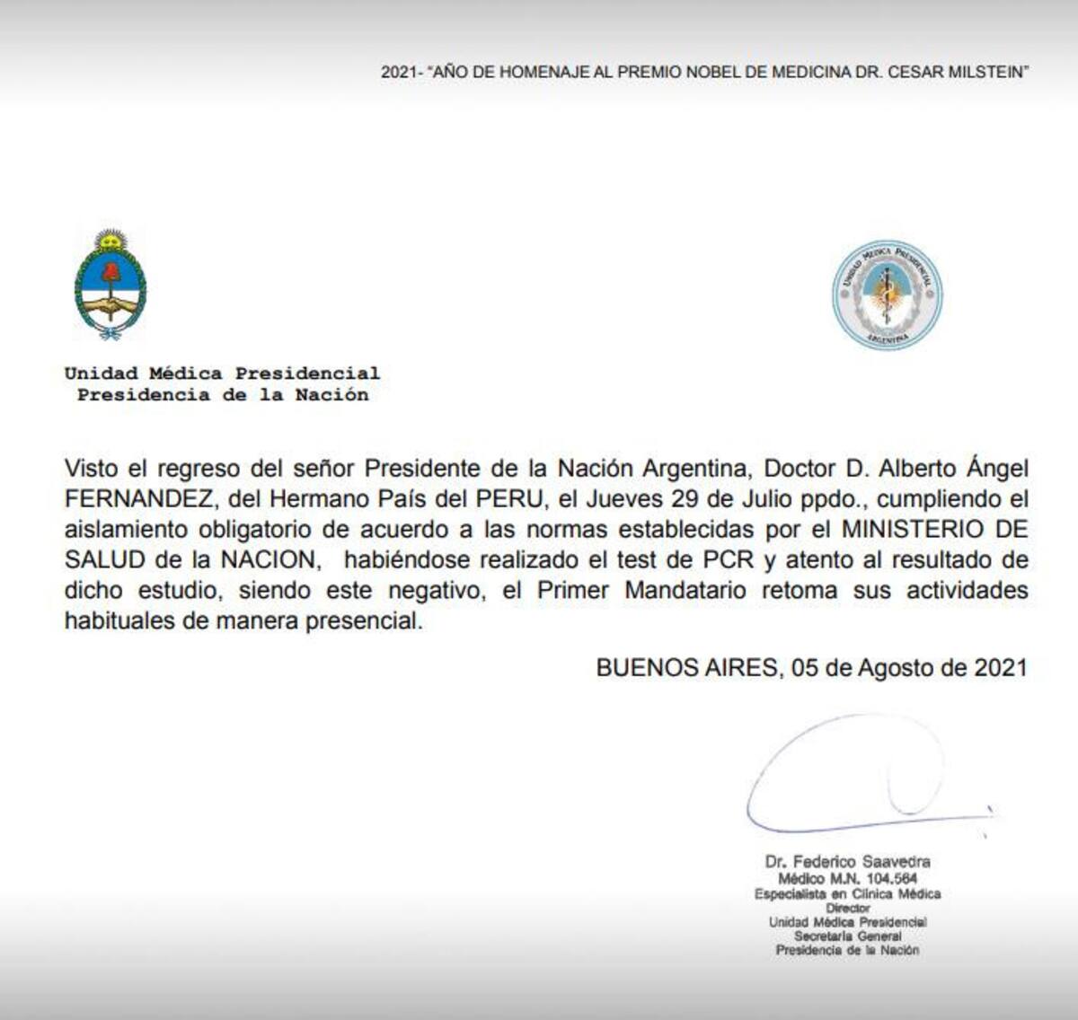 Alberto Fernández, presidente de Argentina, parte médico, NA