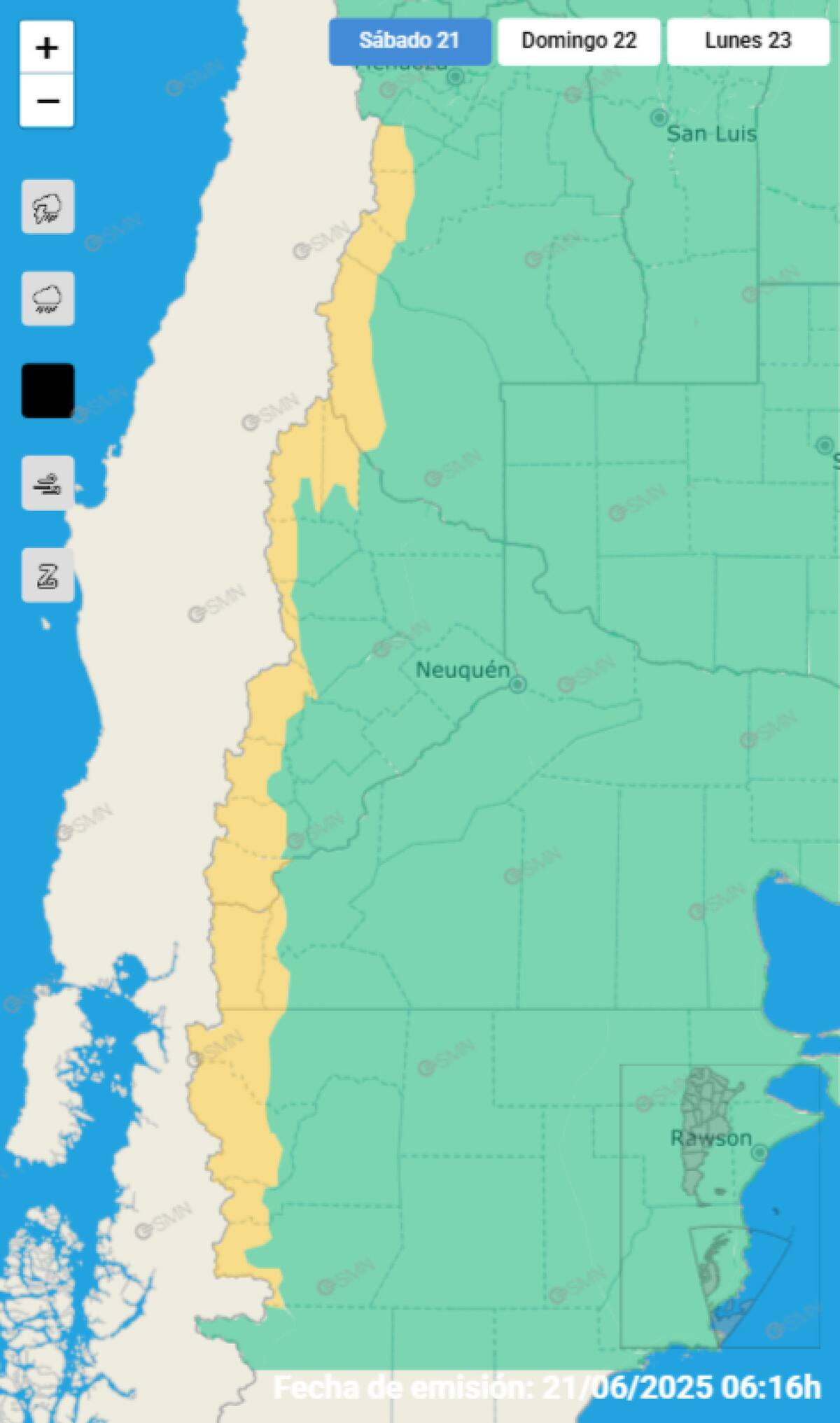 Alerta amarilla por fuertes nevadas sobre cuatro provincias. Foto: SMN.