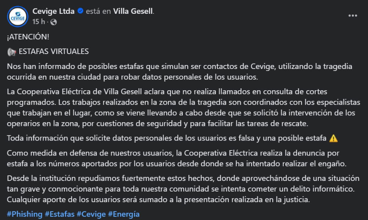 Alertan por estafas tras el derrumbe en Villa Gesell. Foto: Facebook Cevige Ltda