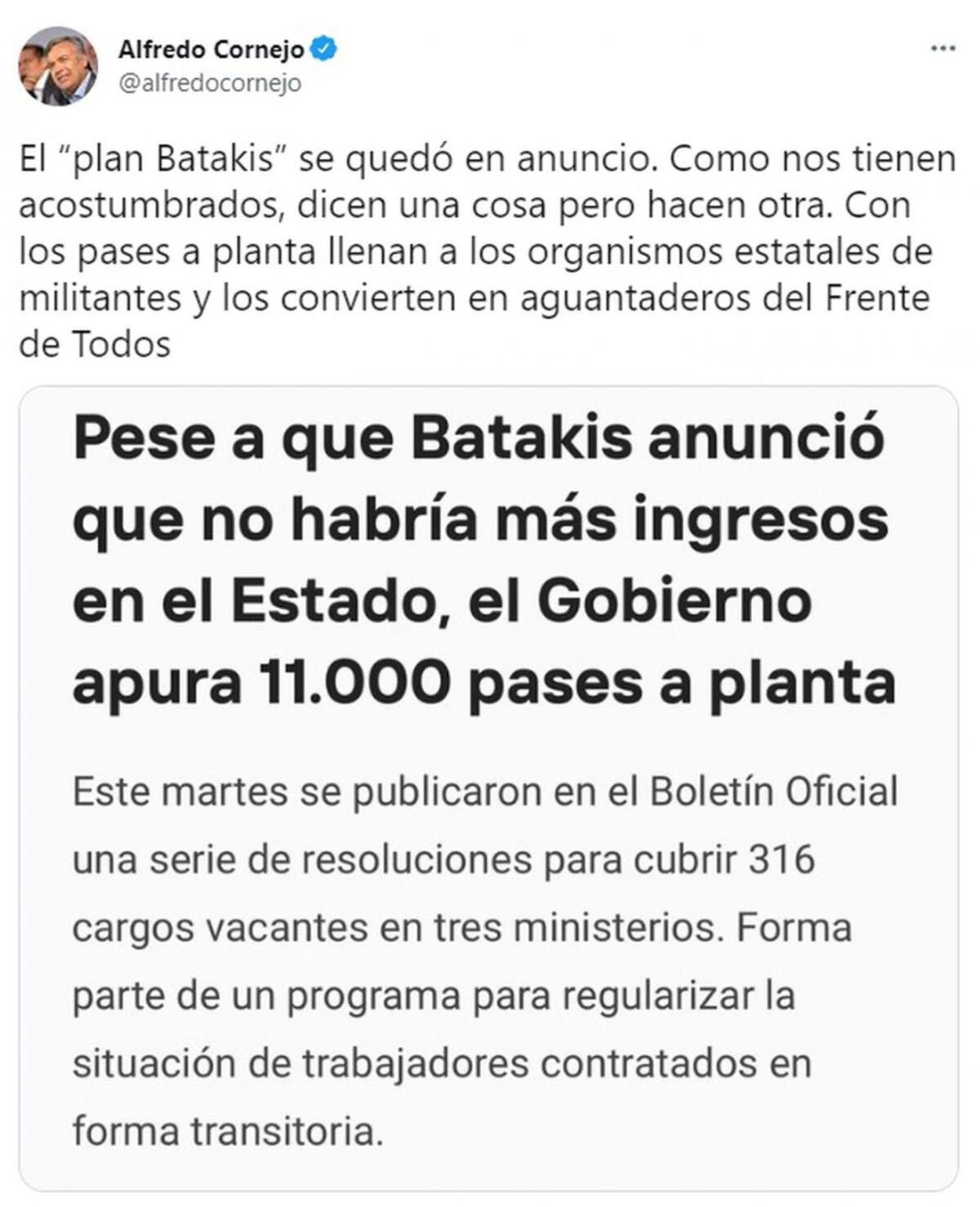 Alfredo Cornejo criticó la decisión del Gobierno de acelerar pases de planta transitoria a permanente (Foto: captura Twitter @alfredocornejo).