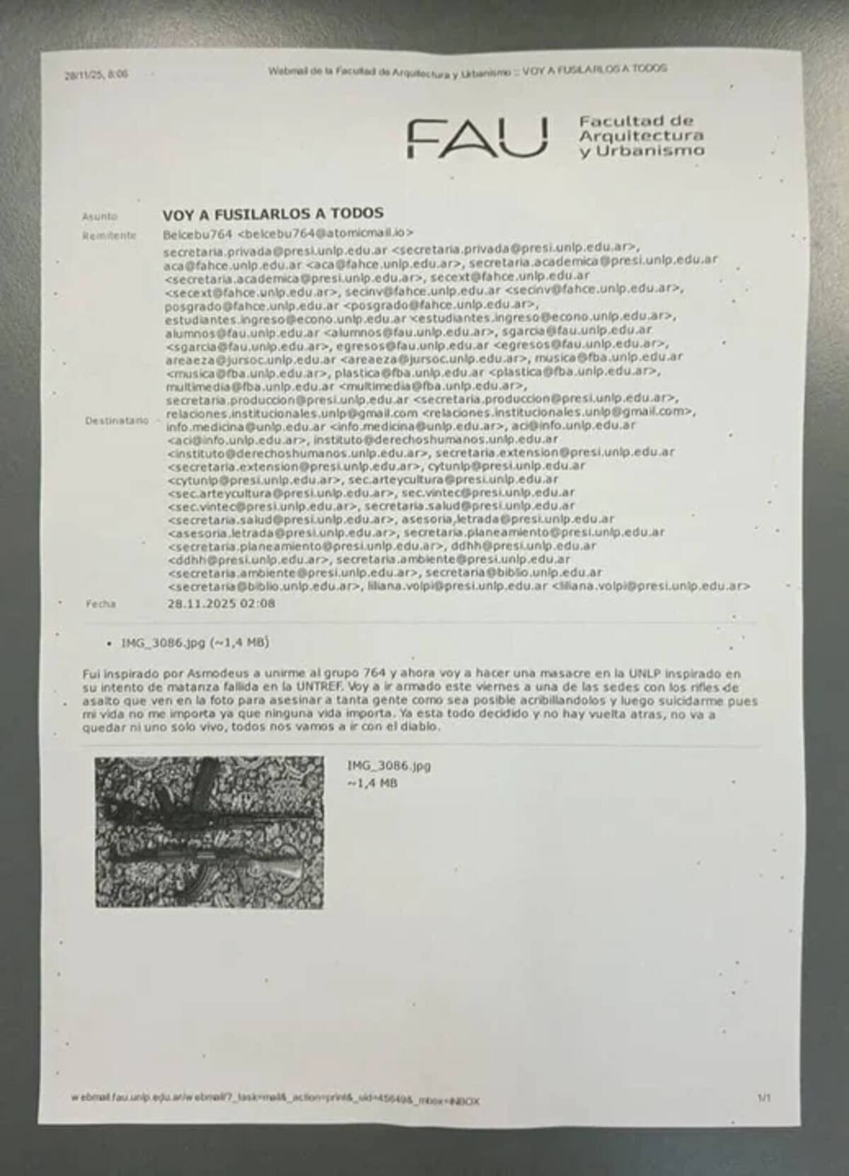 Amenaza de masacre a tiros en la Universidad de La Plata.