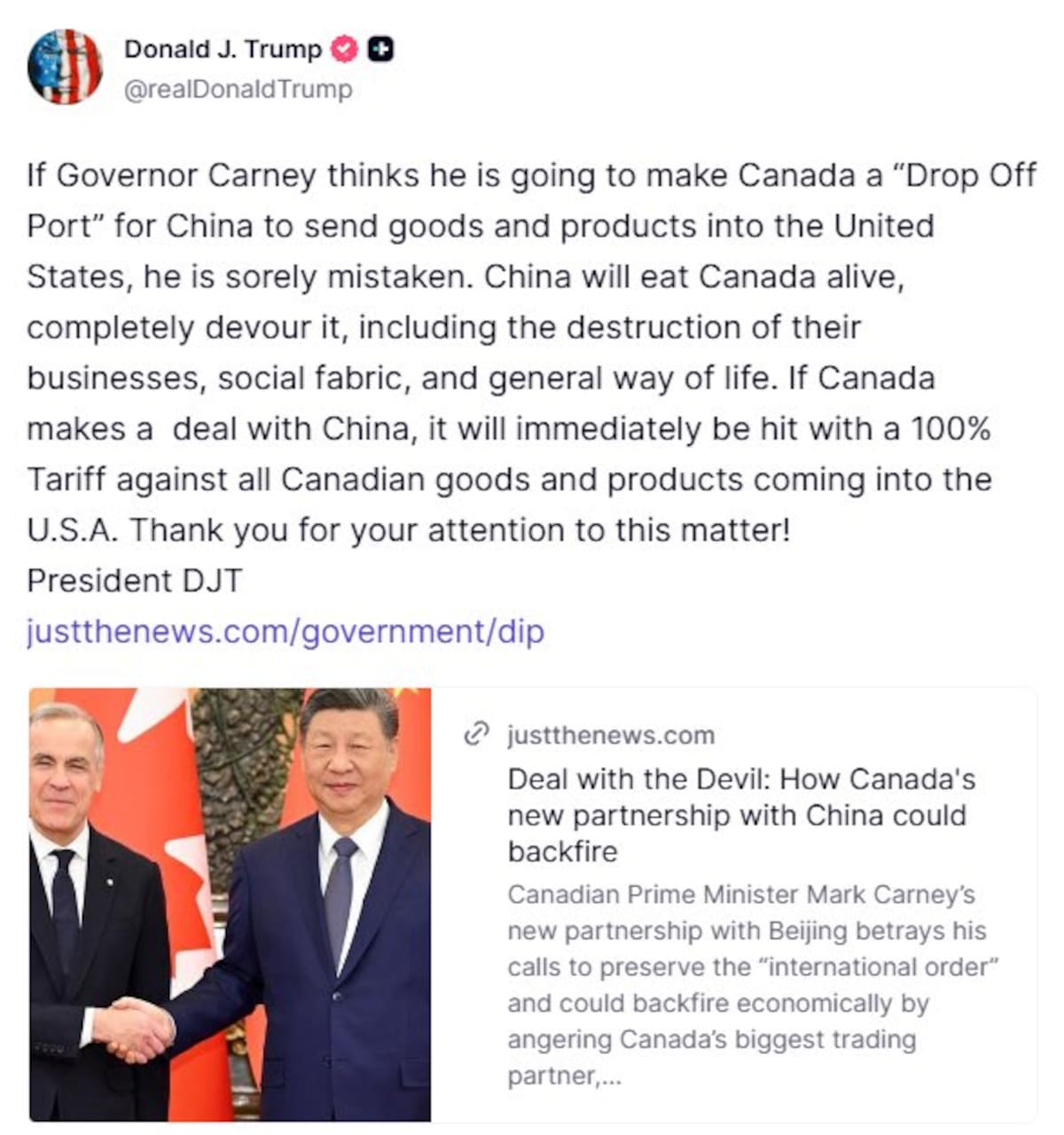 Amenaza de Trump a Canada si firma acuerdo con China.