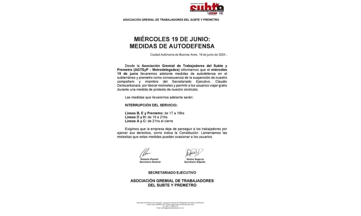 Anuncio de AGTSyP sobre el paro de mañana.
