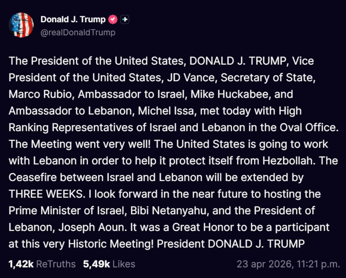 Anuncio de Donald Trump de la extensión del alto el fuego entre Israel y el Libano