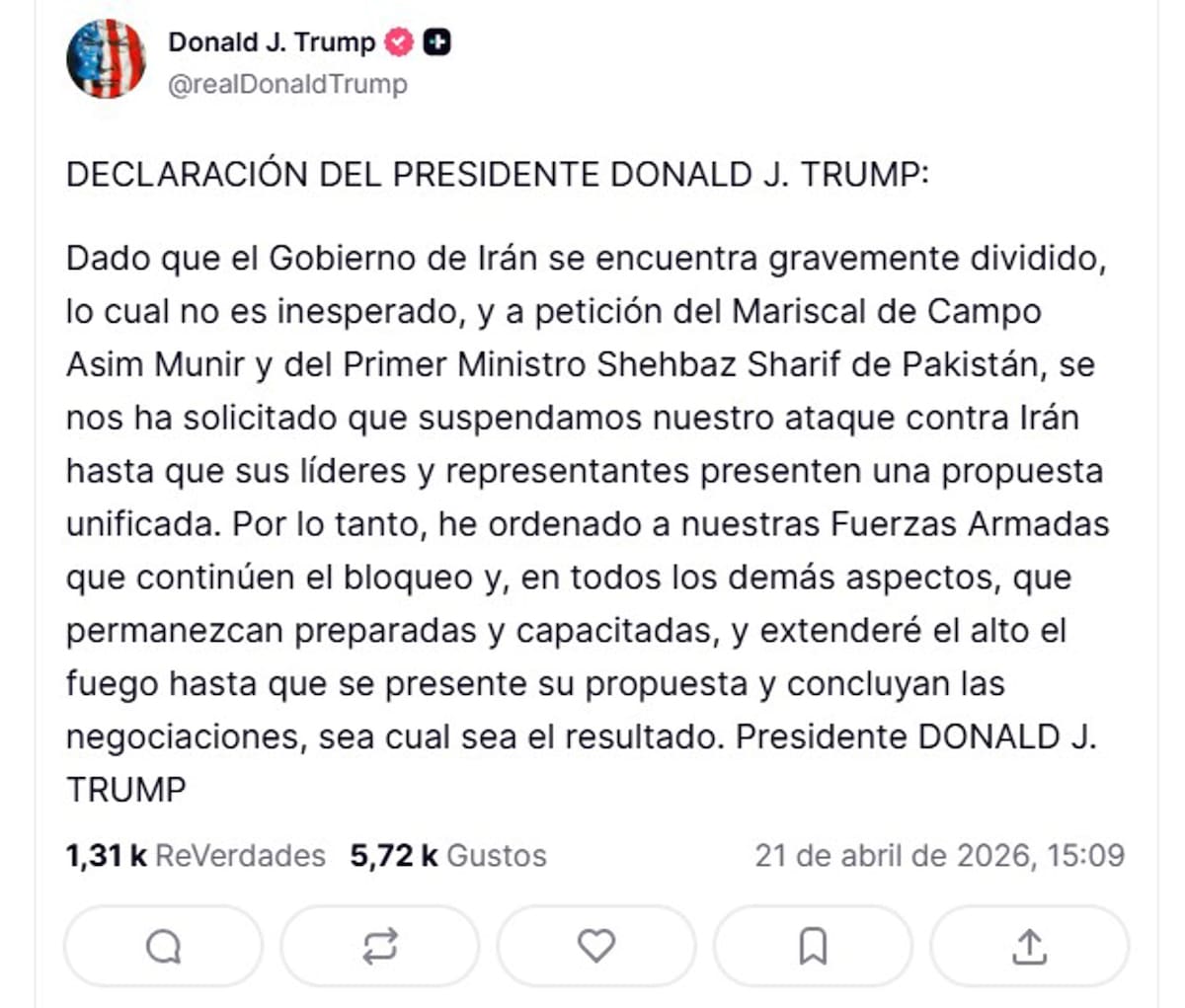 Anuncio de Donald Trump sobre la extensión del acuerdo de paz con Irán.