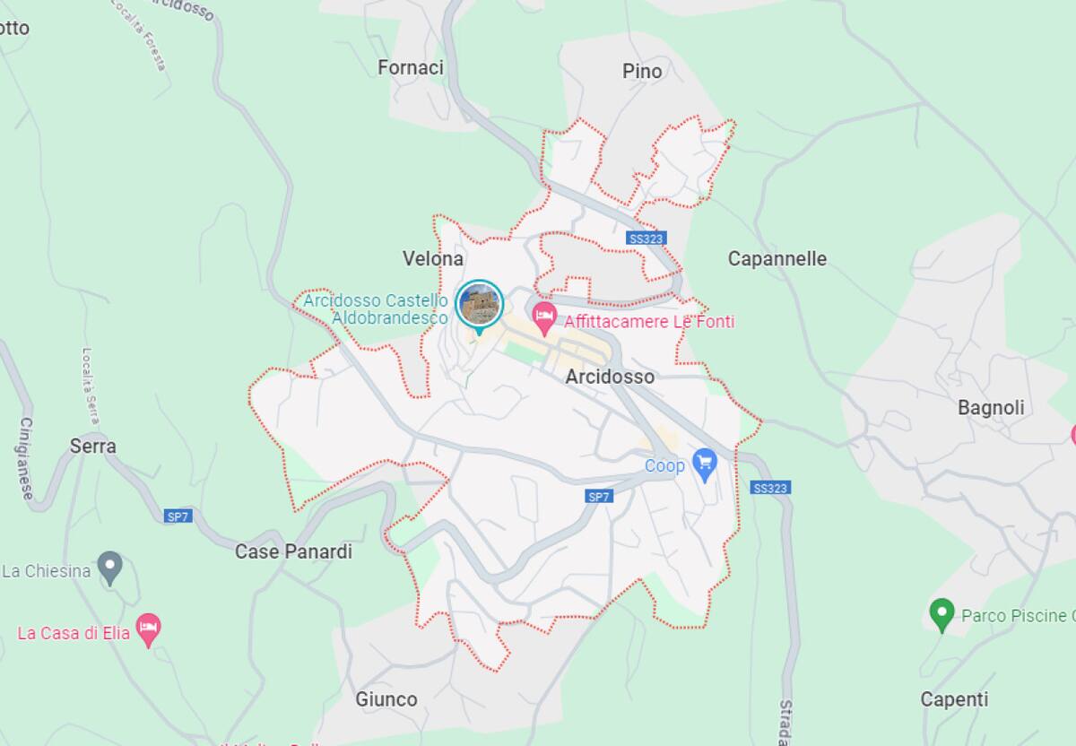 Arcidosso, la localidad donde fue hallado el cuerpo del argentino desaparecido. Foto: Google Maps.