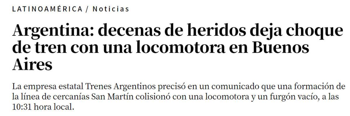 Así informaba El Comercio (Perú) sobre el choque de trenes en Palermo. Foto: captura de pantalla
