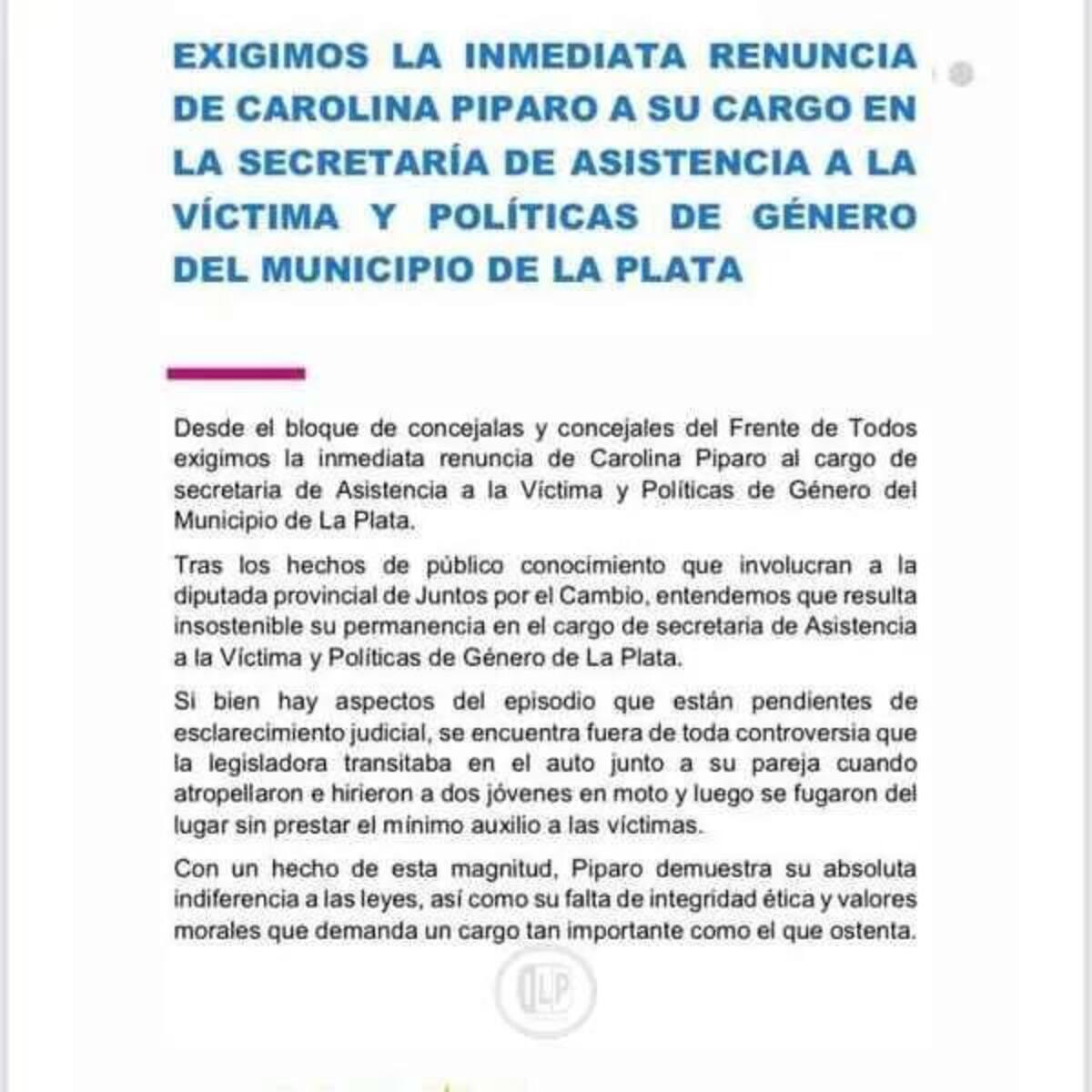 Bloque de concejales del Frente de Todos La Plata exige renuncia de Carolina Píparo