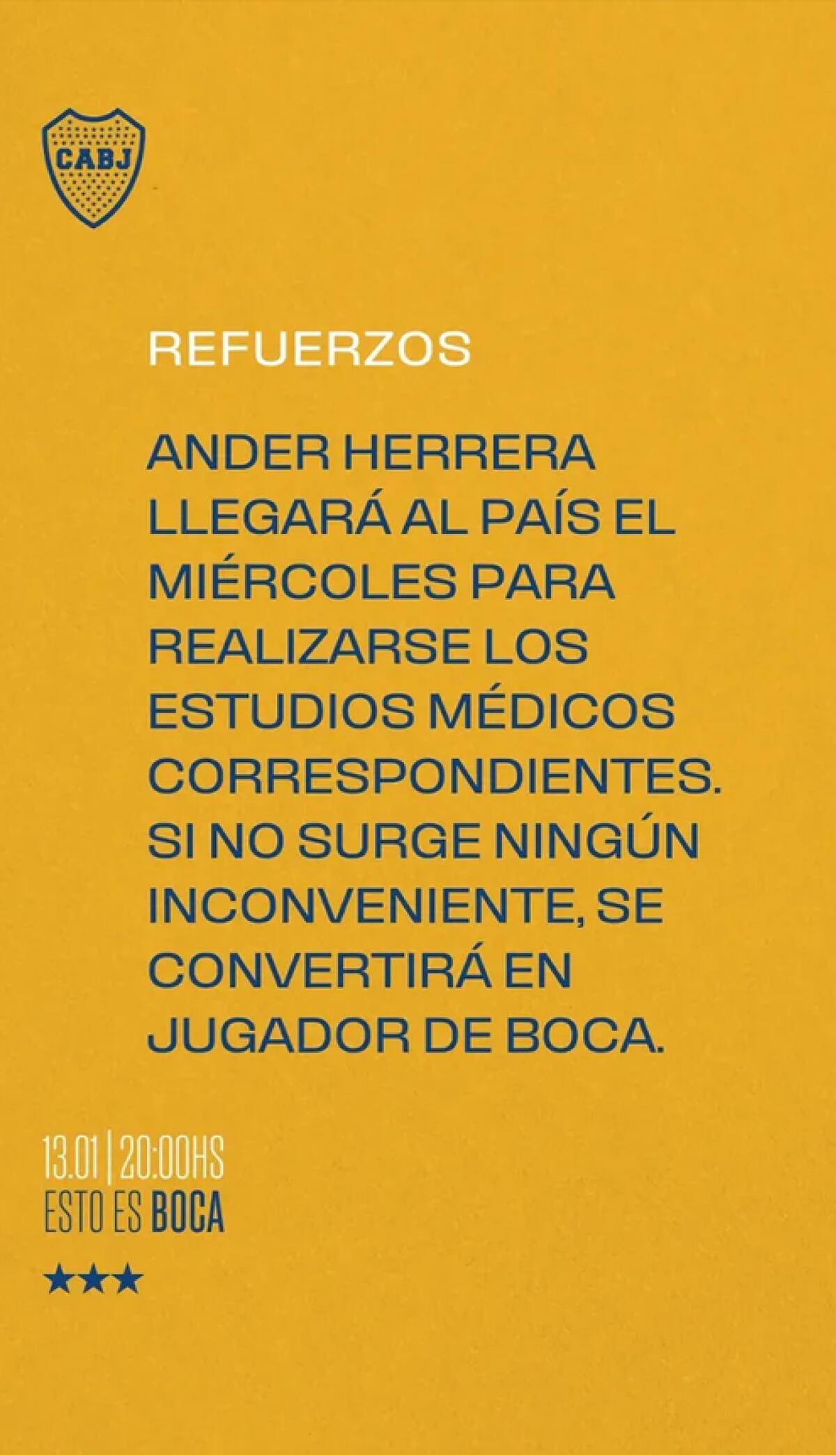 Boca hizo oficial la llegada de Ander Herrera. Foto: Instagram @estoesboca.futbol