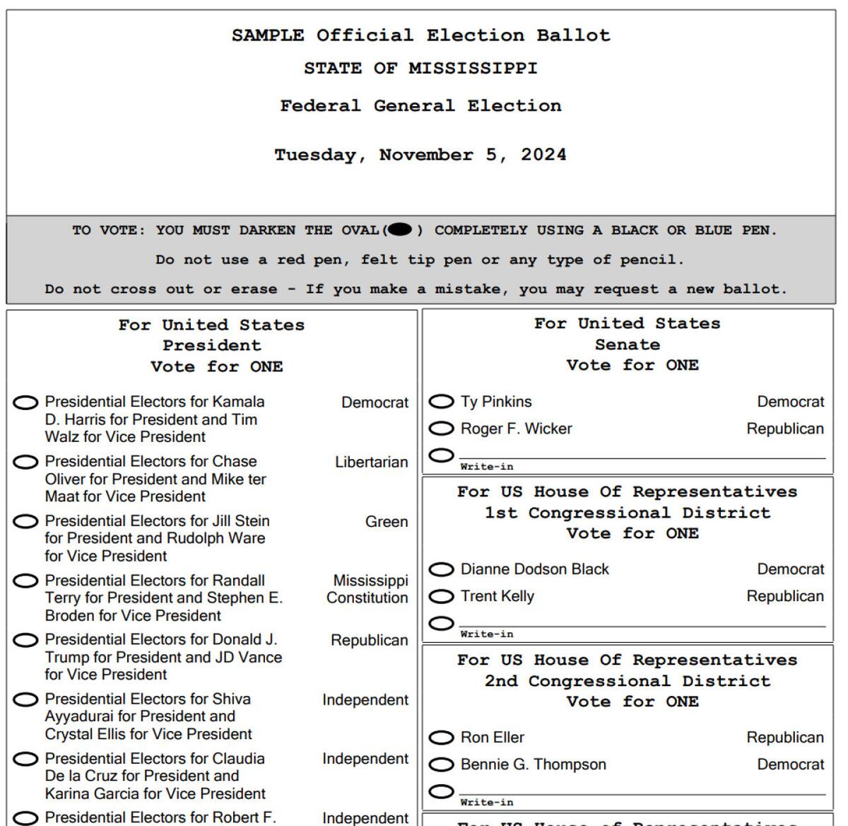 Boleta electoral de Mississippi, Estados Unidos.