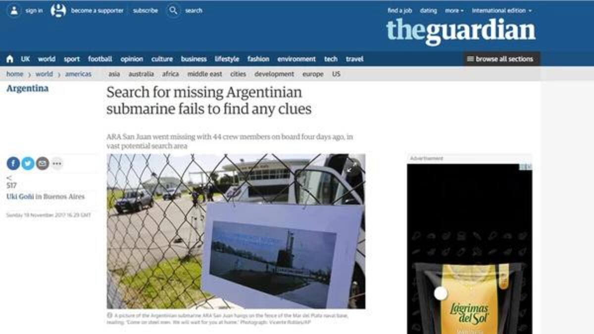 Búsqueda del ARA San Juan en portada de medios del mundo