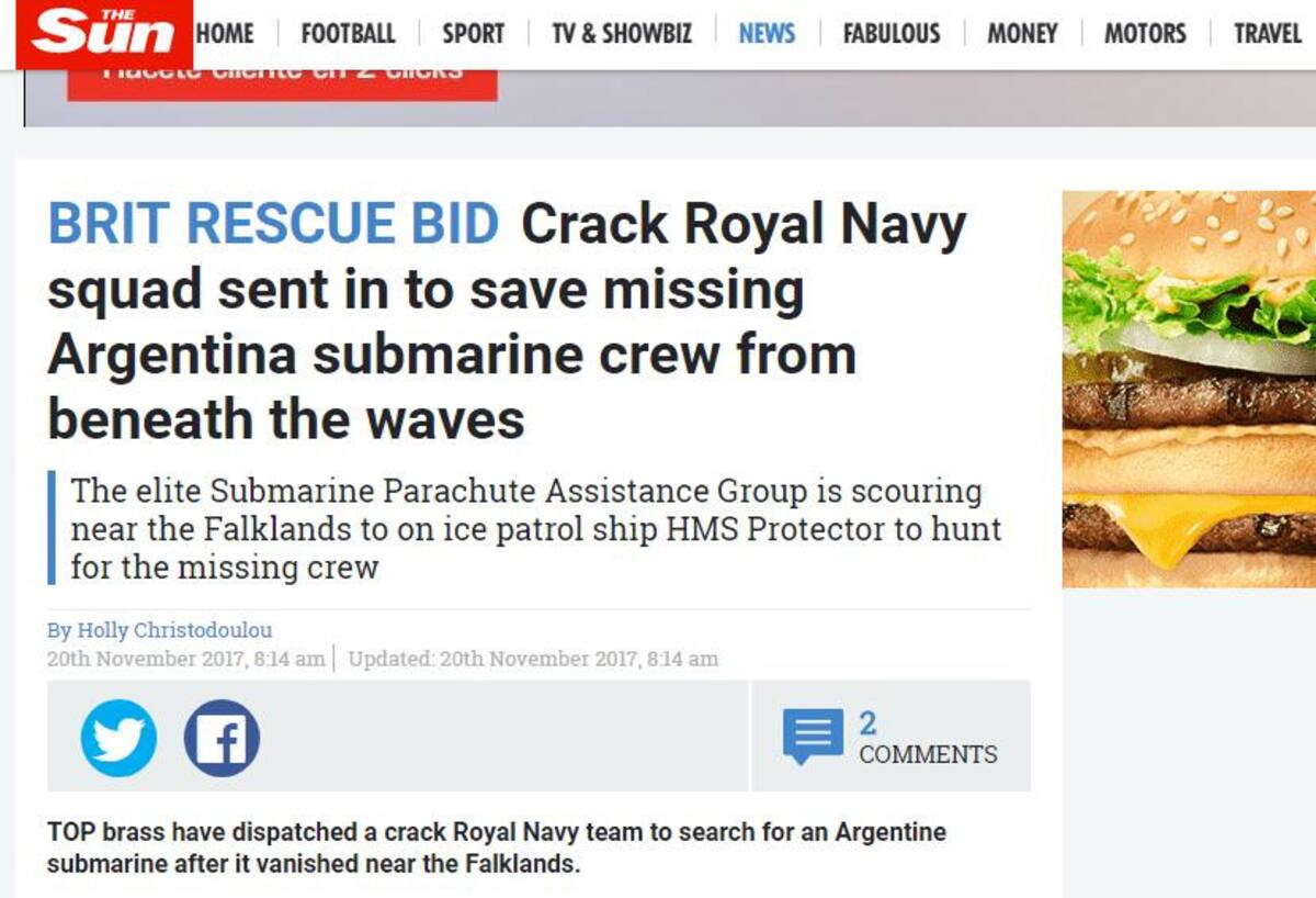 Búsqueda del ARA San Juan en portada de medios del mundo