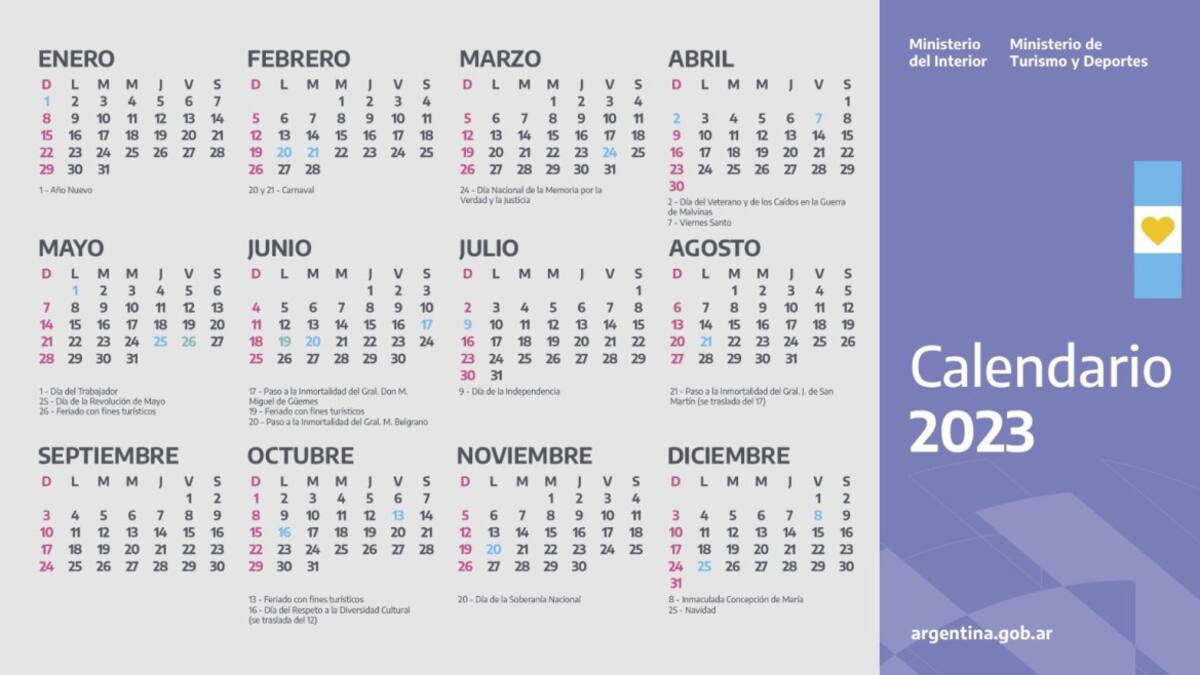 Calendario de feriados 2023. Foto Ministerio del Interior argentina.gob.ar.