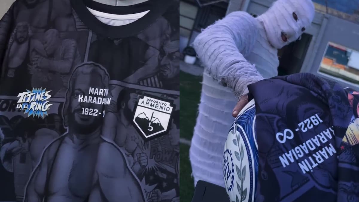 Camiseta de Deportivo Armenio en homenaje a Martín Karadagián y Titanes en el Ring.