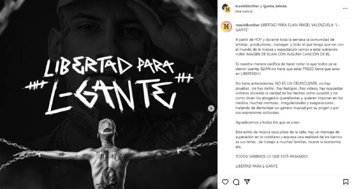Campaña para que L-Gante sea liberado. Foto: Instagram.