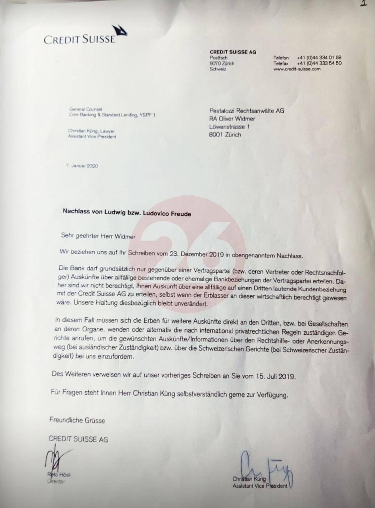 Carta Credit Suisse, Ludwig Freude, 7 enero 2020