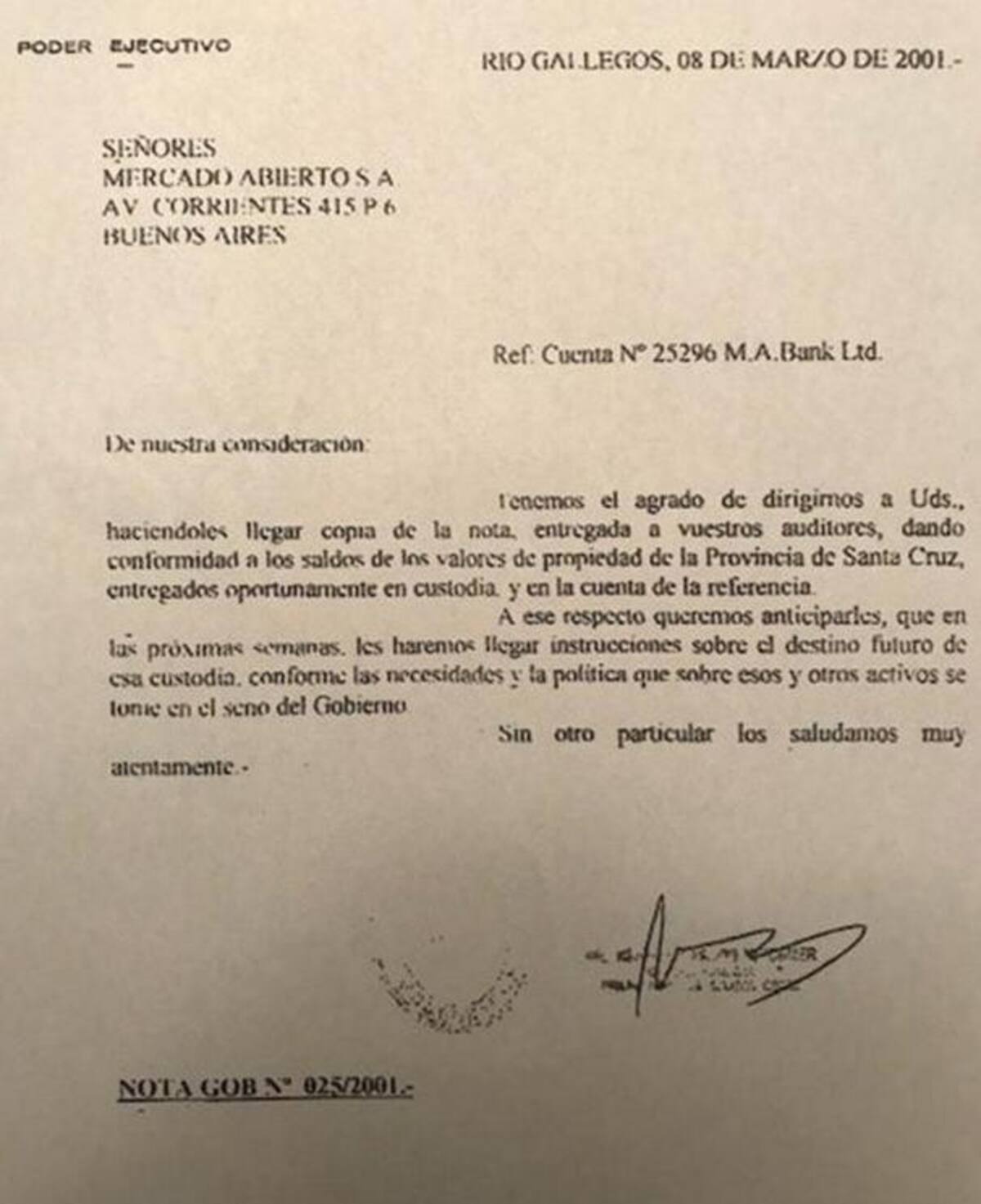 Carta de Néstor Kirchner a Ducler