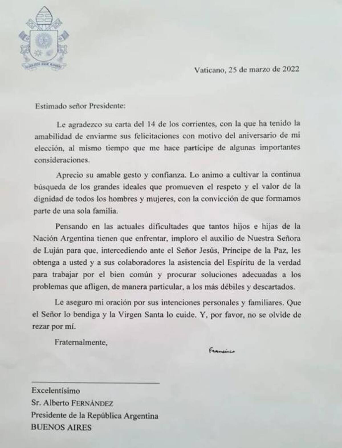 Carta del Papa Francisco a Alberto Fernández