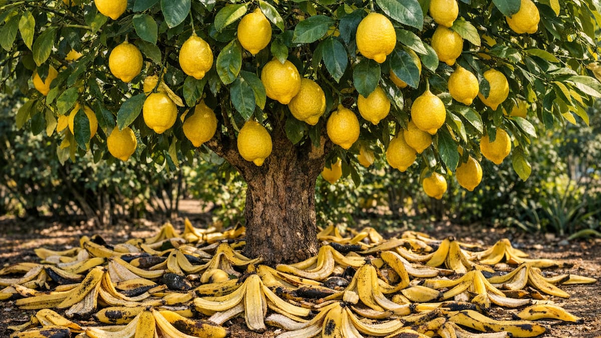 Cáscaras de banana en el limonero.