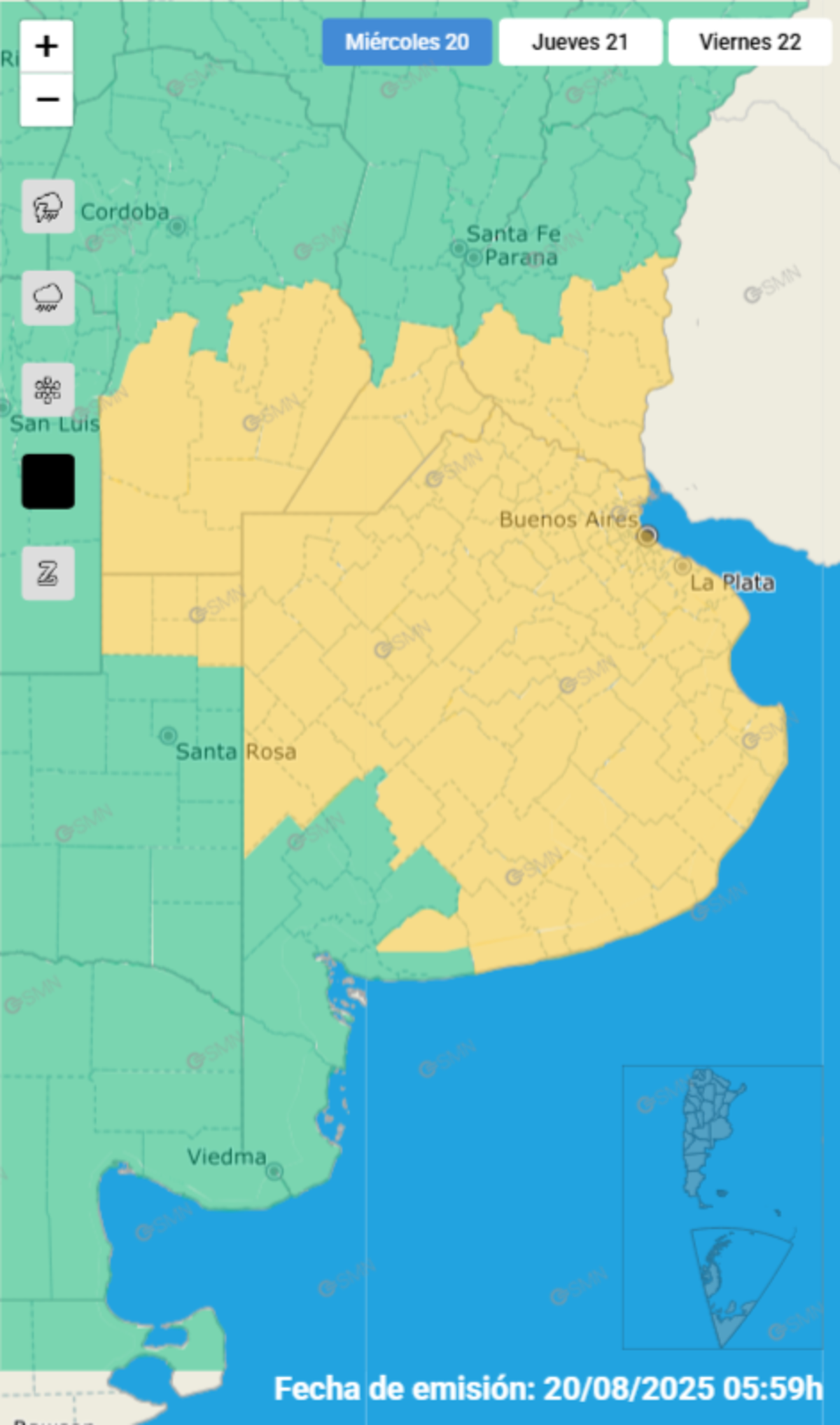 Cinco provincias bajo alerta por fuertes vientos.