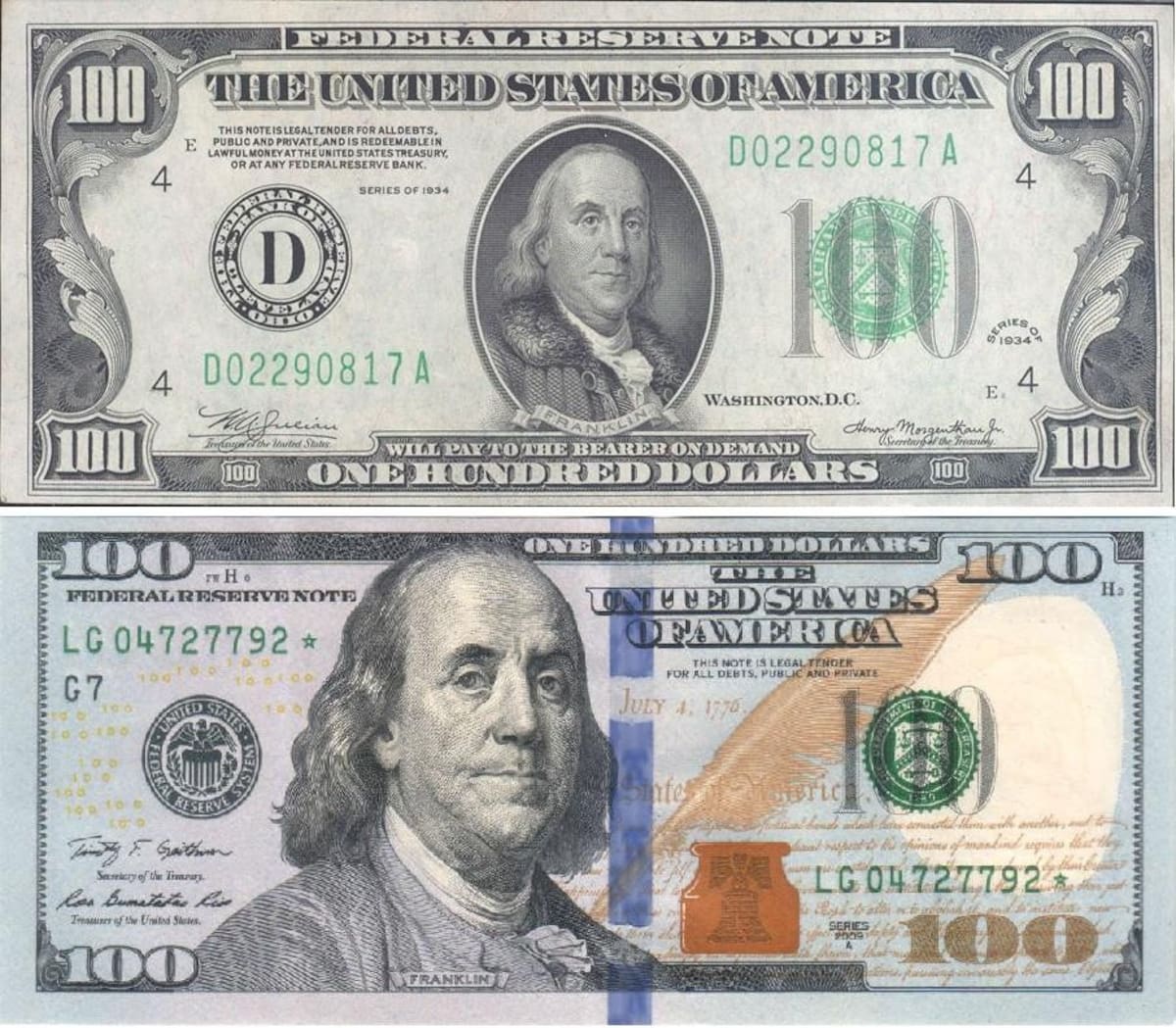 Comparación entre dólar "cara chica" (arriba) con el "cara grande". Foto: NA.