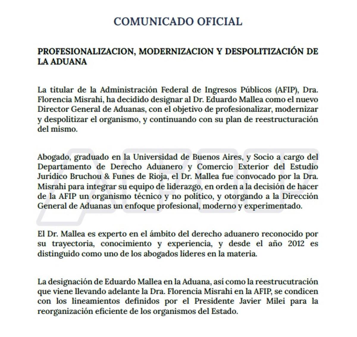 Comunicado de AFIP por la designación de Eduardo Mallea en Aduana.