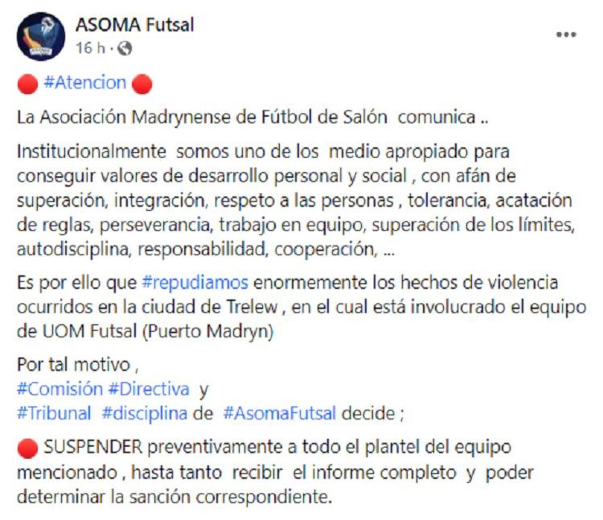 Comunicado de ASOMA Futsal. Foto: Facebook.