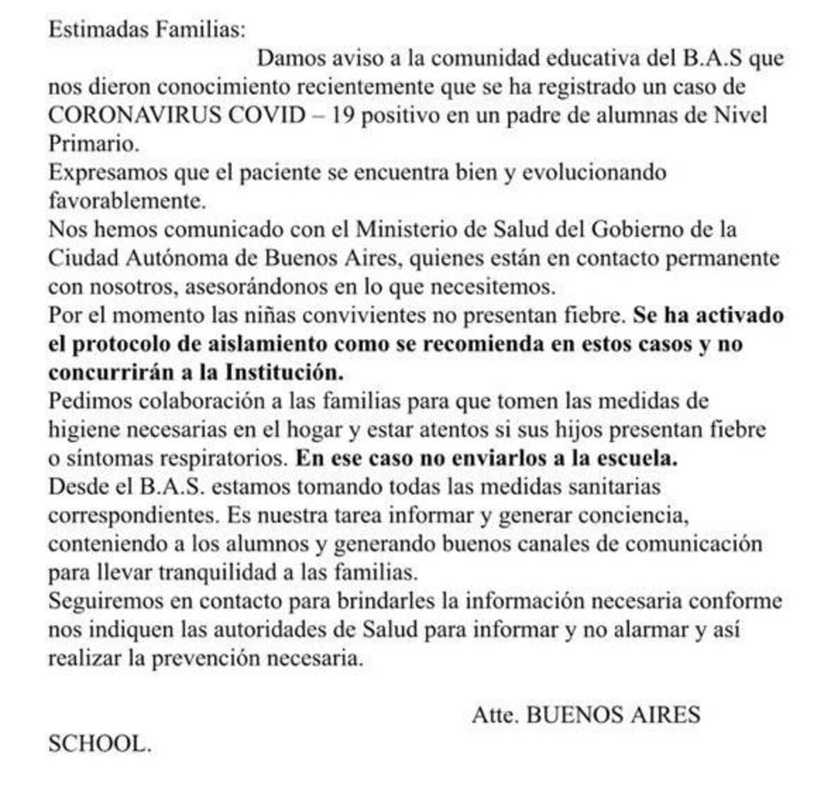 Comunicado de colegio de Villa del Parque