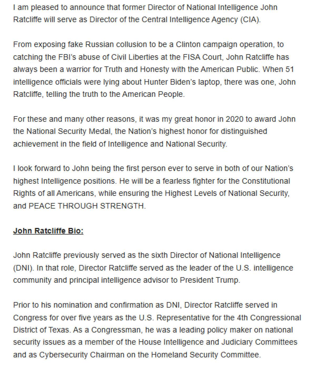Comunicado de Donald Trump para anunciar a John Ratcliffe como nuevo director de la CIA.