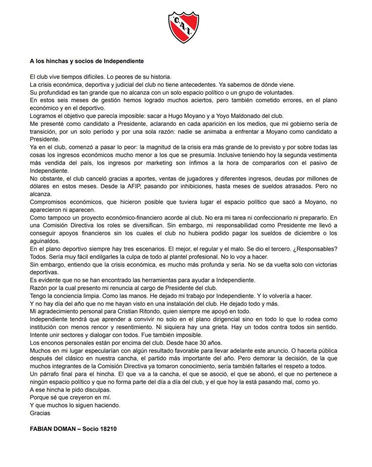 Comunicado de Fabián Doman sobre su renuncia a Independiente.