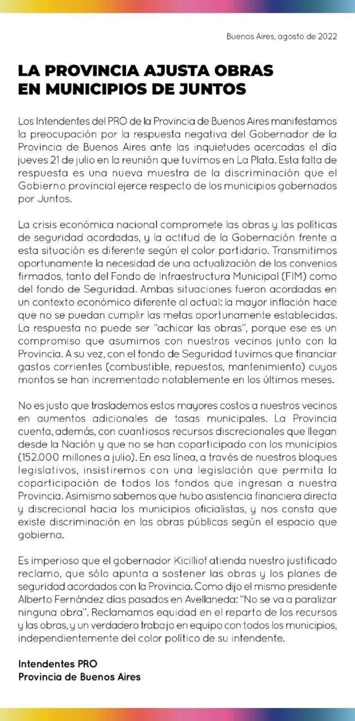 Comunicado de Intendentes del PRO