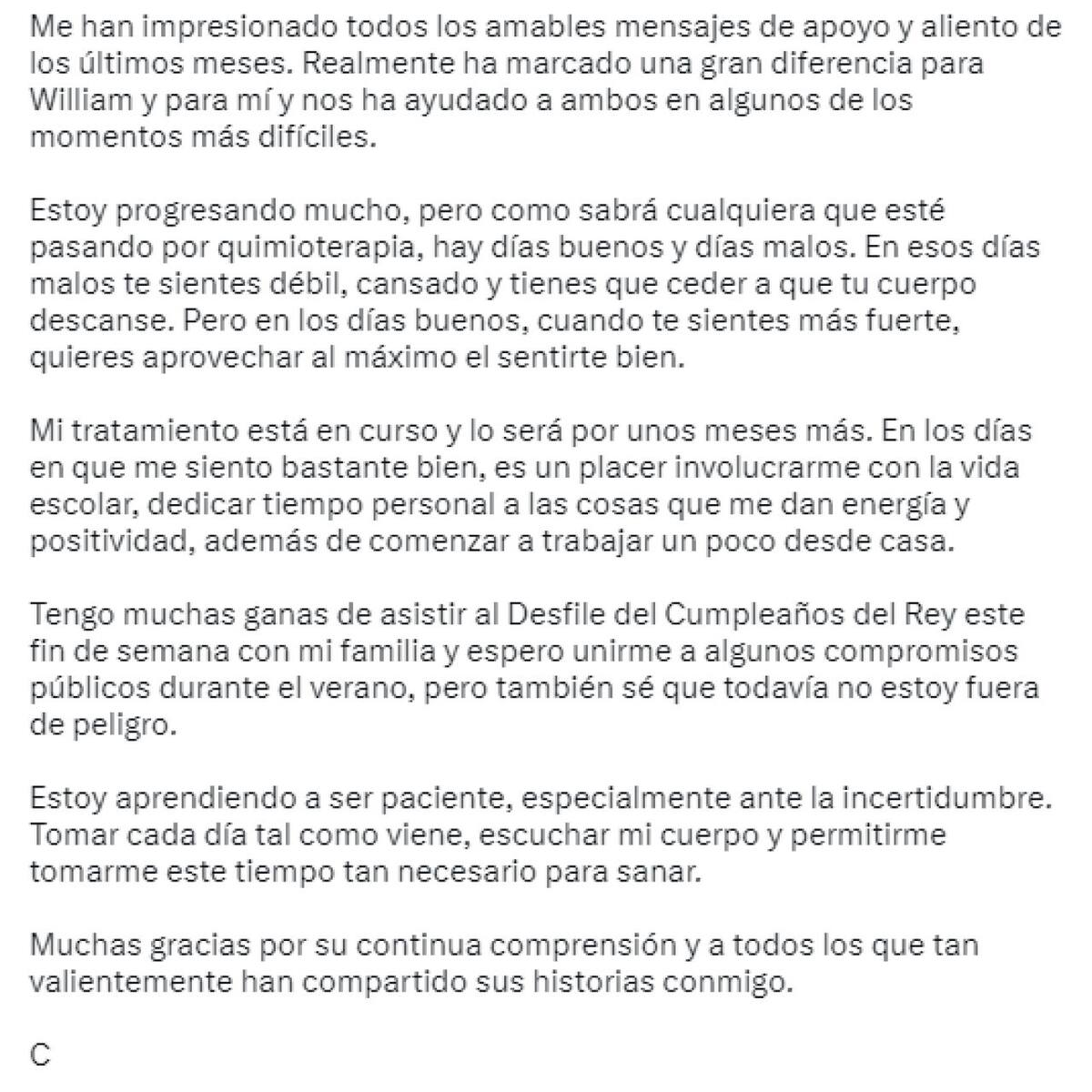 Comunicado de Kate Middleton. Foto: Twitter.
