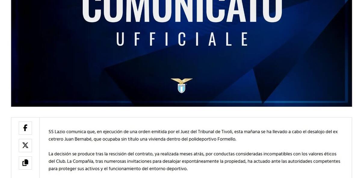 Comunicado de la Lazio tras el desalojo del adiestrador del club.