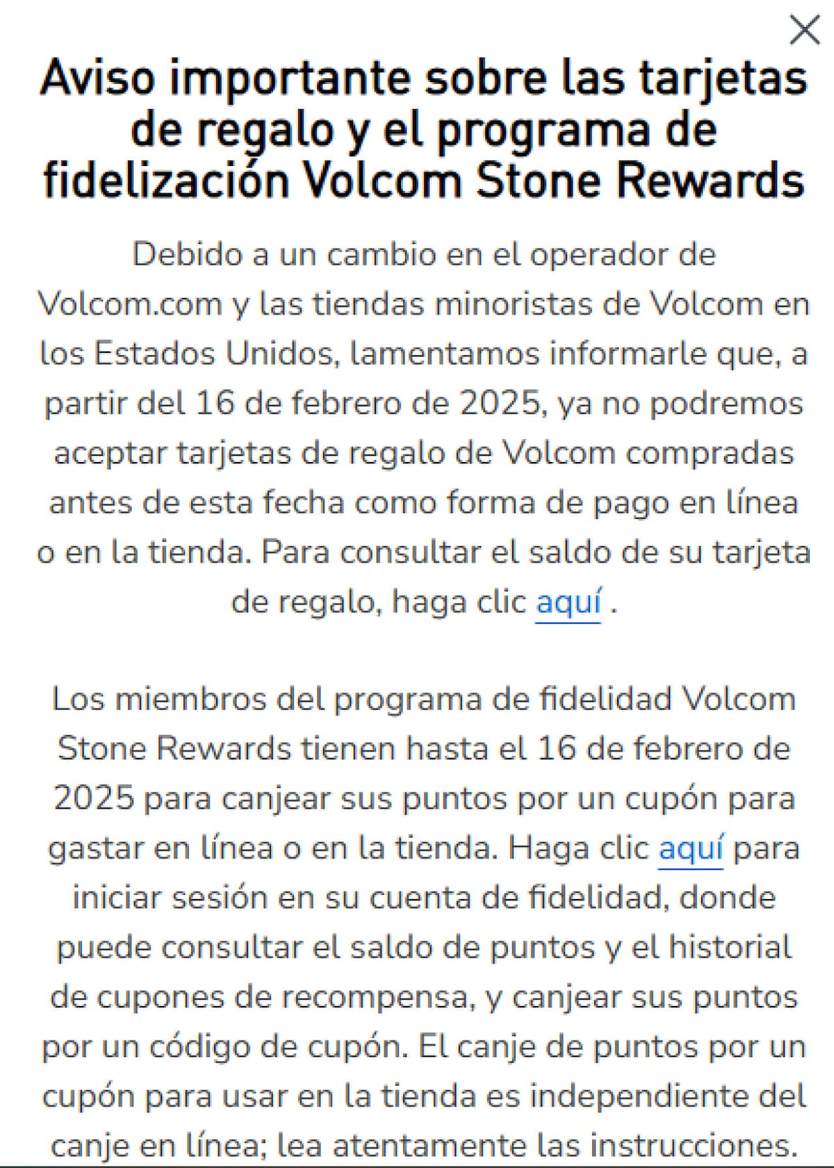 Comunicado de la tienda online de Volcom tras la declaración de quiera en Estados Unidos. Foto: Volcom.com.