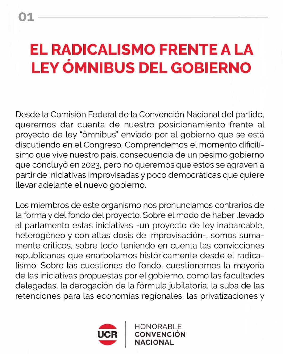 Comunicado de la UCR sobre la Ley Ómnibus - Parte 1.