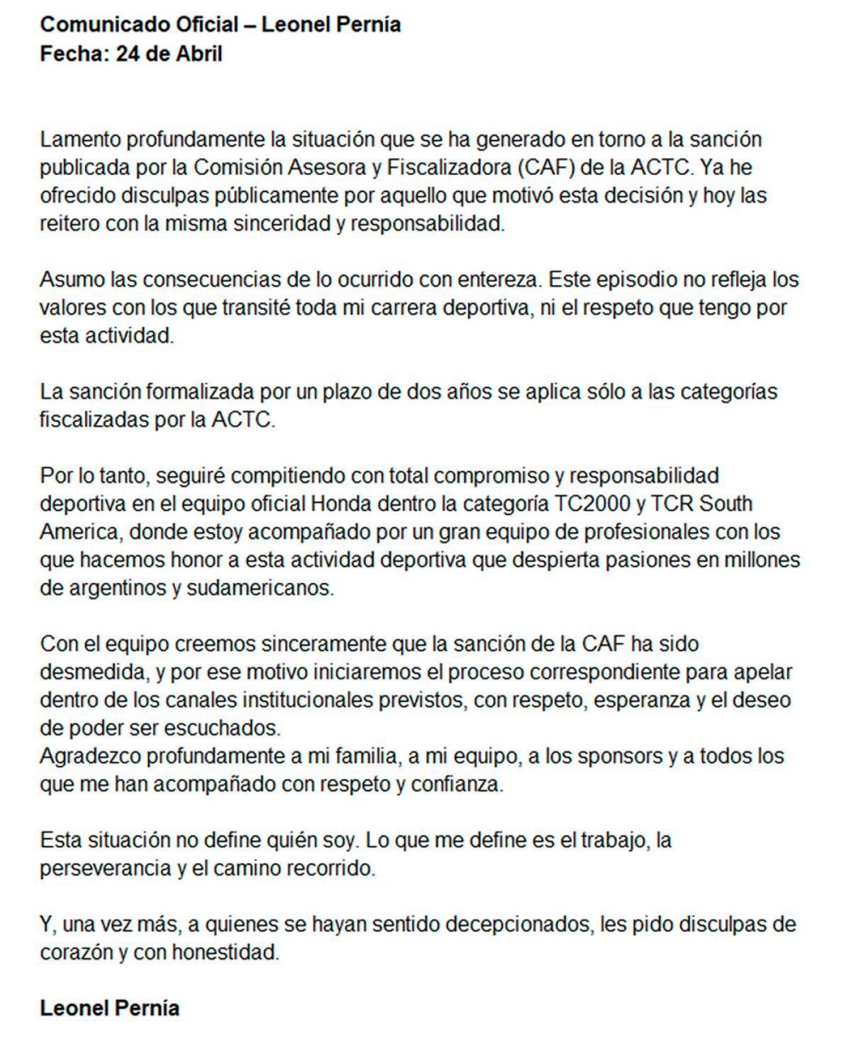 Comunicado de Leonel Pernía. Foto: redes sociales.