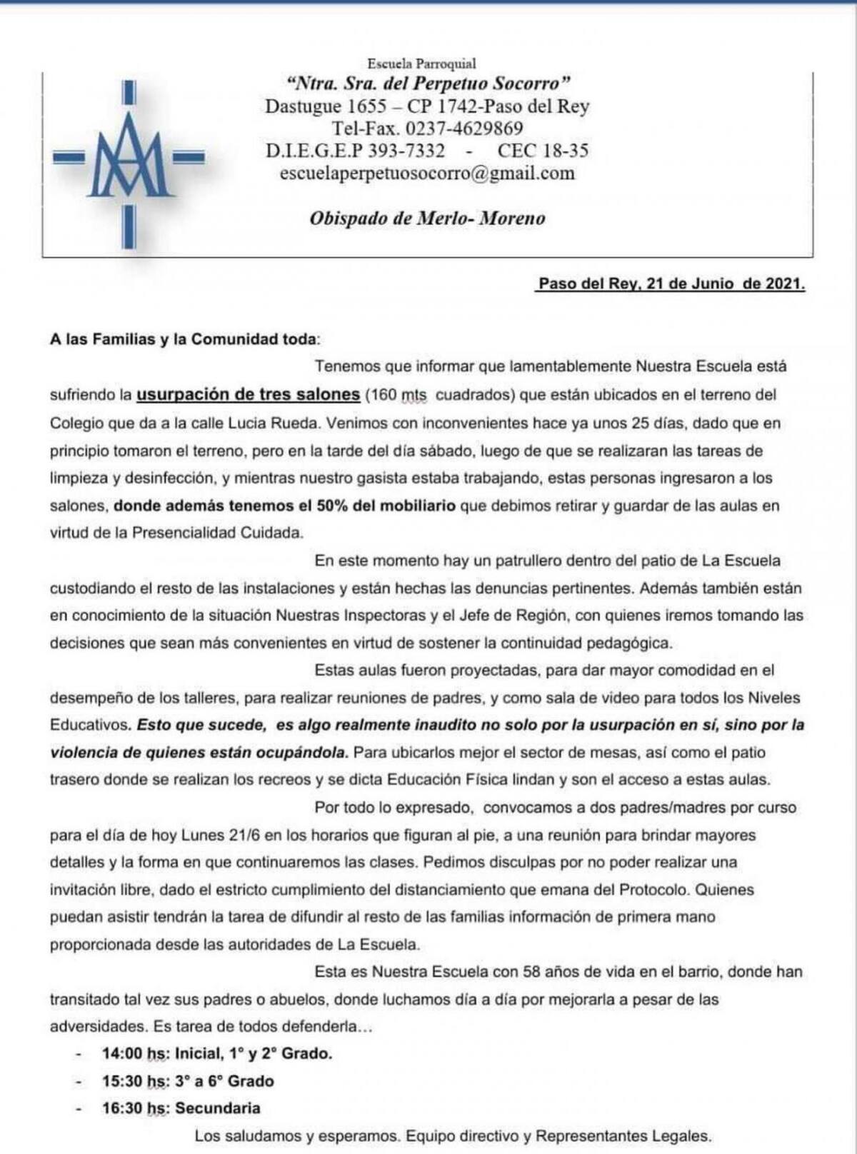 Comunicado del colegio tomado en Virrey del Pino