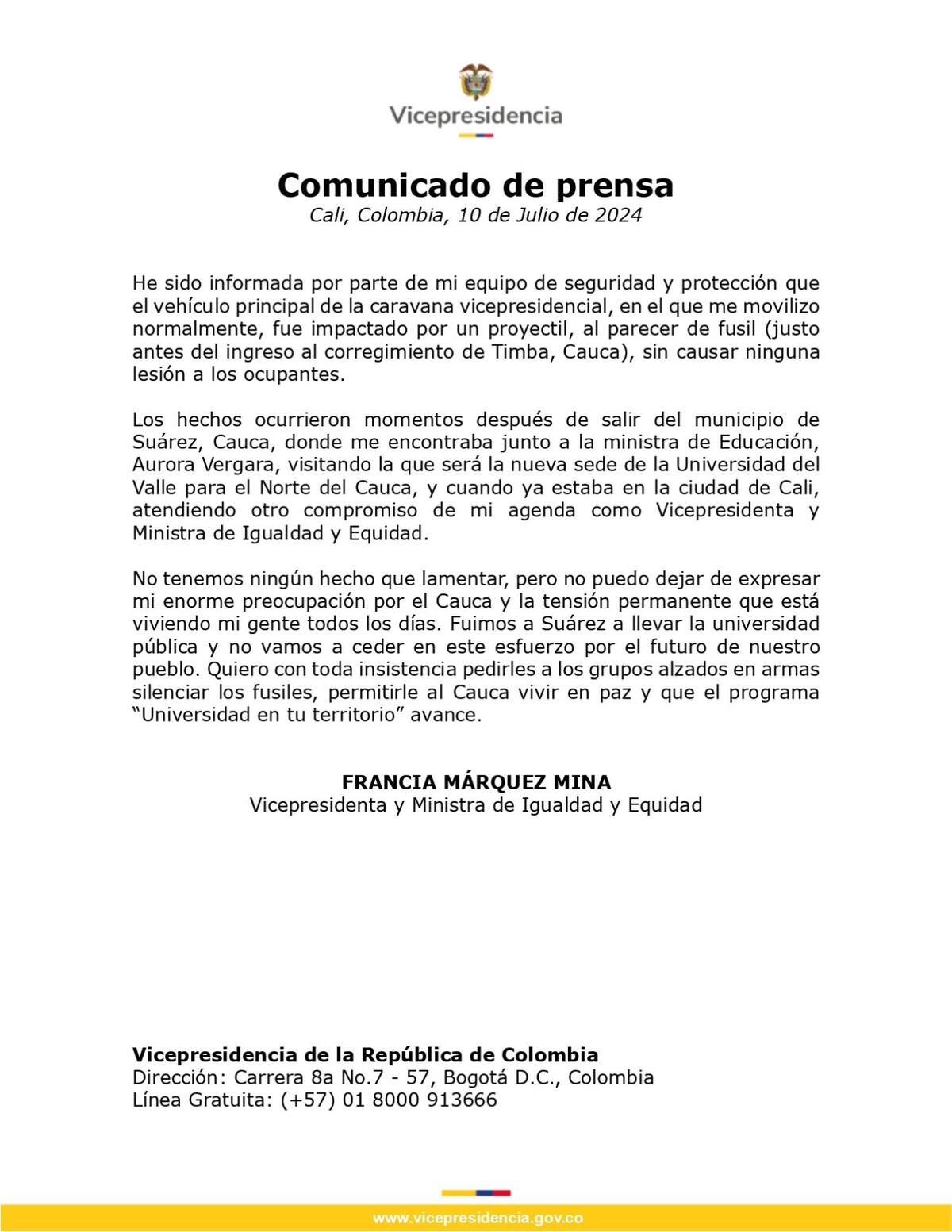 Comunicado oficial de la Vicepresidencia de Colombia. Foto: X / @ViceColombia.