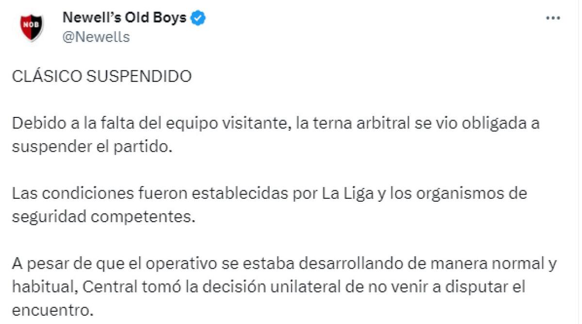 Comunicado oficial de Newells. Foto: Twitter @Newells