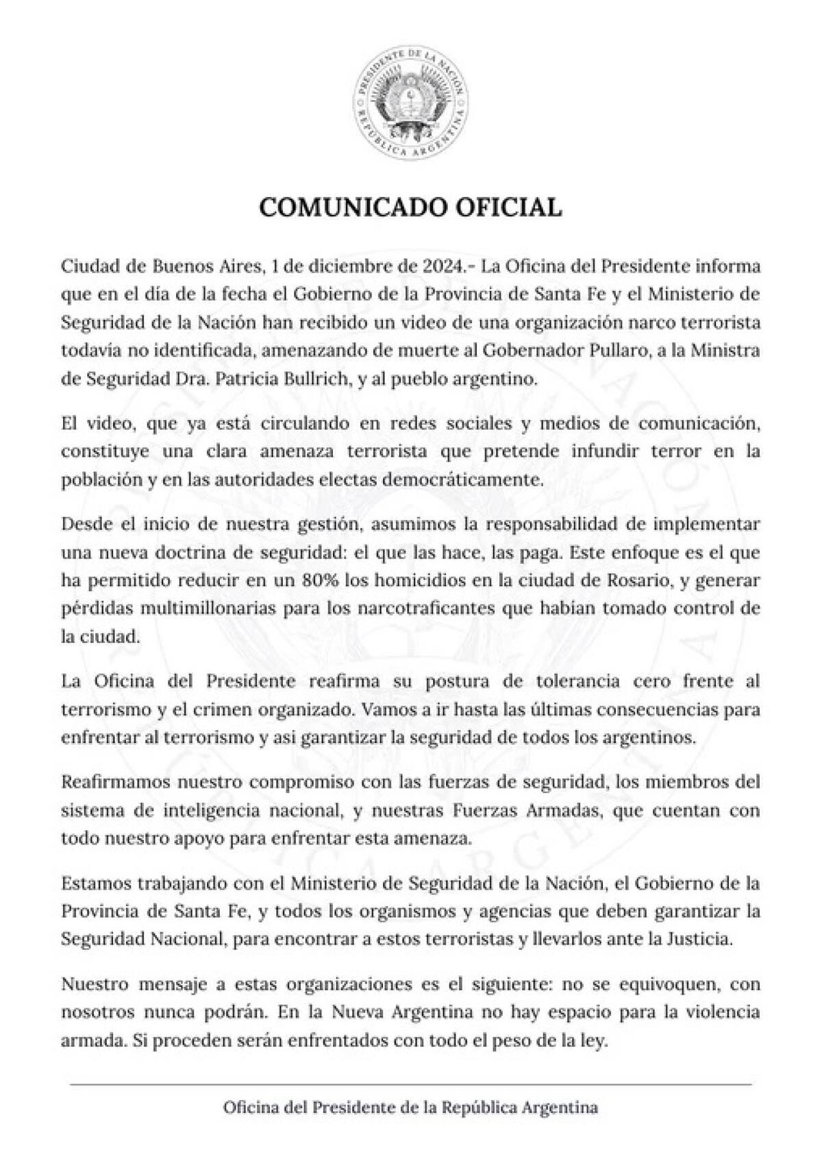 Comunicado oficial tras las amenazas a Patricia Bullrich y Maximiliano Pullaro.