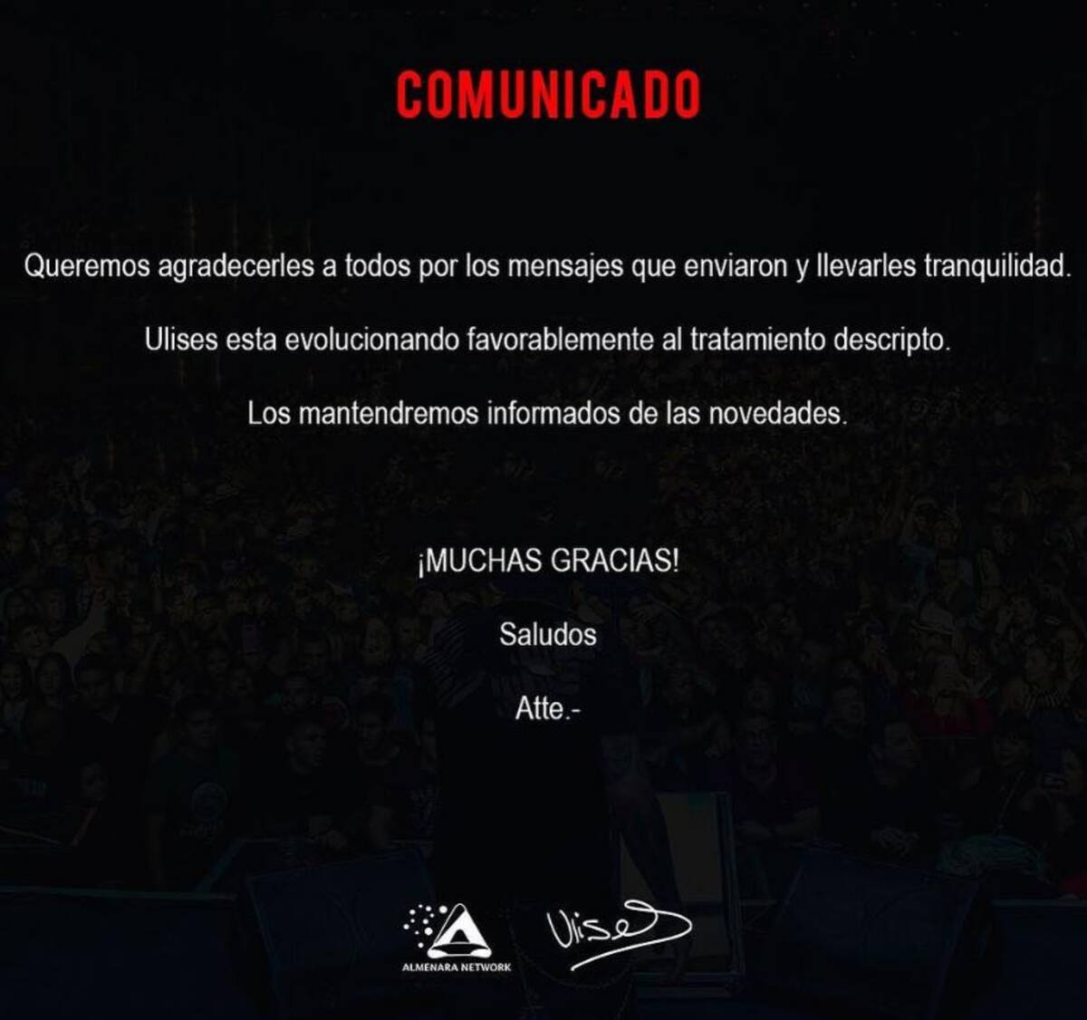 Comunicado por al salud de Ulises Bueno. Foto: Instagram.