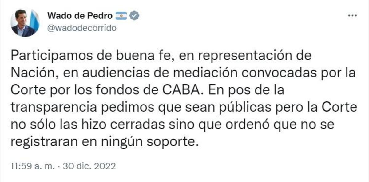 Coparticipación: Wado de Pedro twiteó sobre las audiencias de mediación por los fondos
