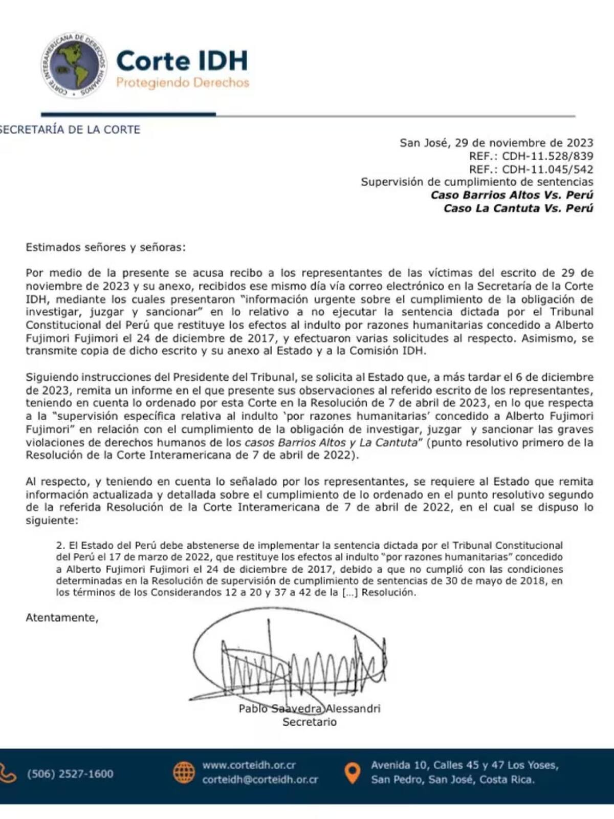 Corte IDH ordena a Perú que informe implementación de sentencia que ordena no liberar a Fujimori