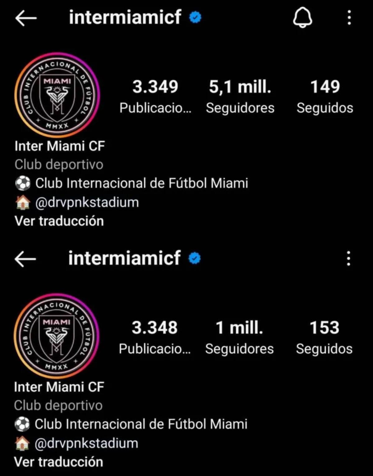 Crecimiento de seguidores del Inter Miami en Instagram tras el anuncio de Messi. Foto: NA.