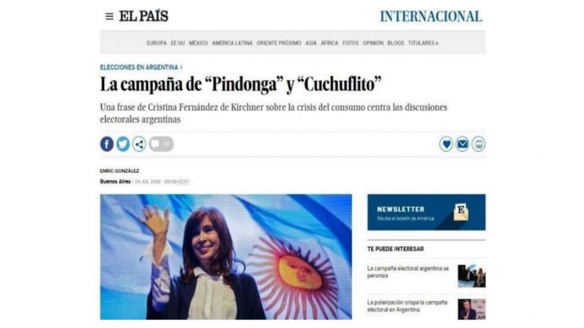 Cristina Kirchner, en diario "El País" de España