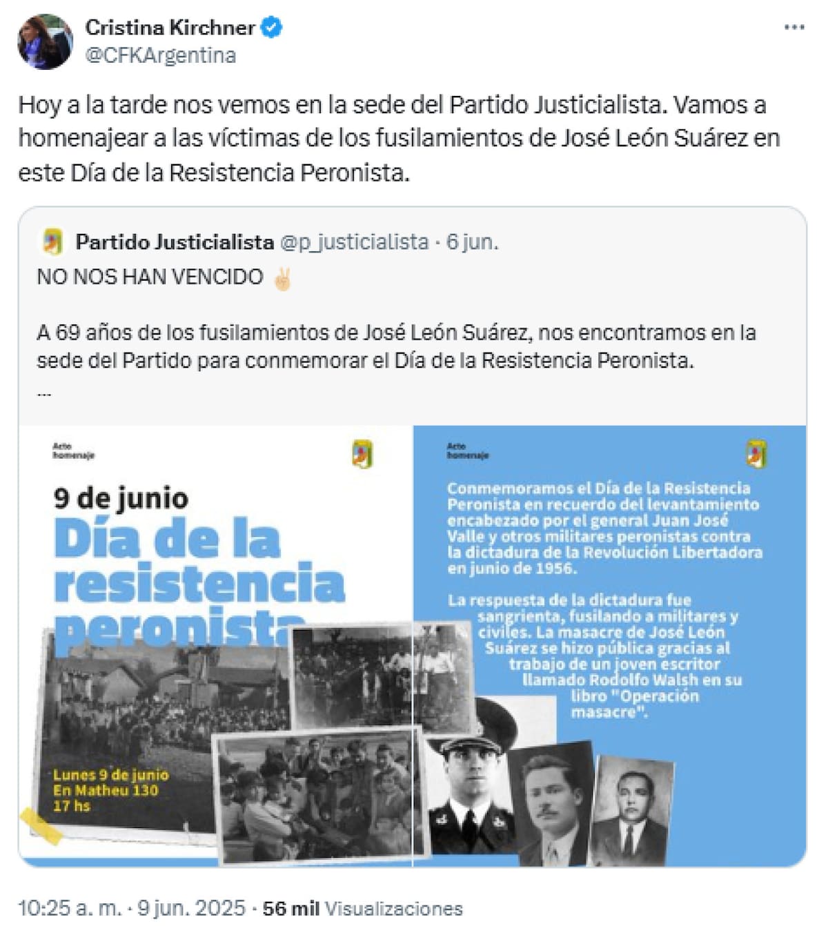 Cristina Kirchner encabezará el acto del PJ en conmemoración por los fusilamientos en José León Suárez. Foto: X / @CFKArgentina.